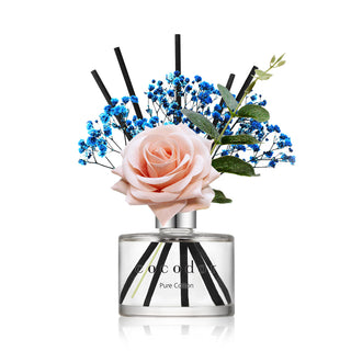 a bottle of fragrance with flowers and a rose