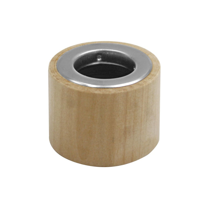 a wooden cylinder with a silver rim
